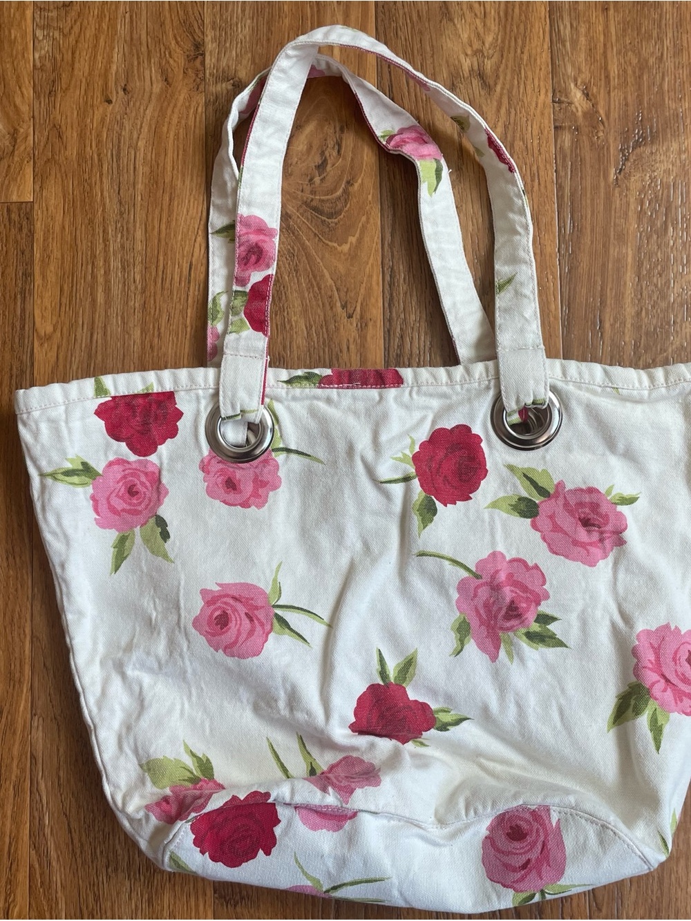 White Canvas Tote Bag with Pink Rose Print